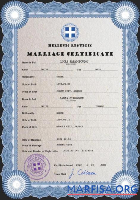 Realistic Greece marriage certificate PSD template